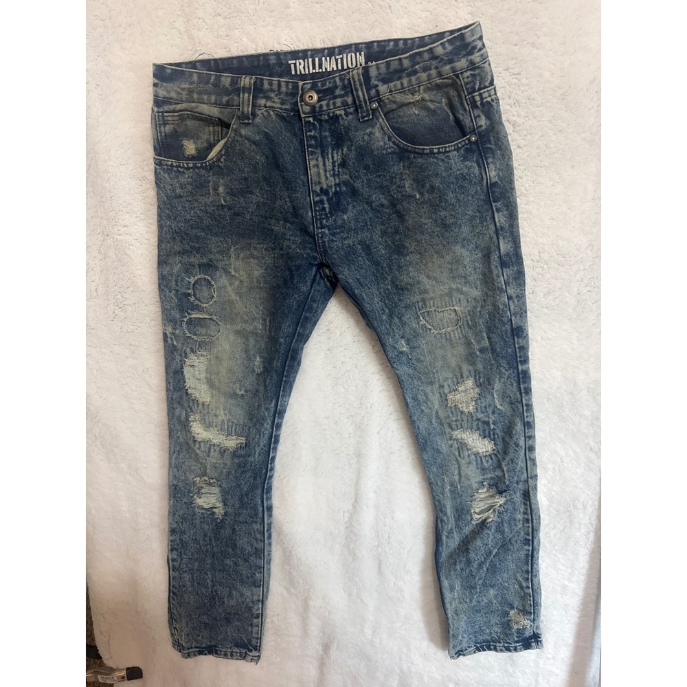 Trillnation Acid Wash Distressed‎ Ripped Jeans Mens Size 34 Denim Fashion